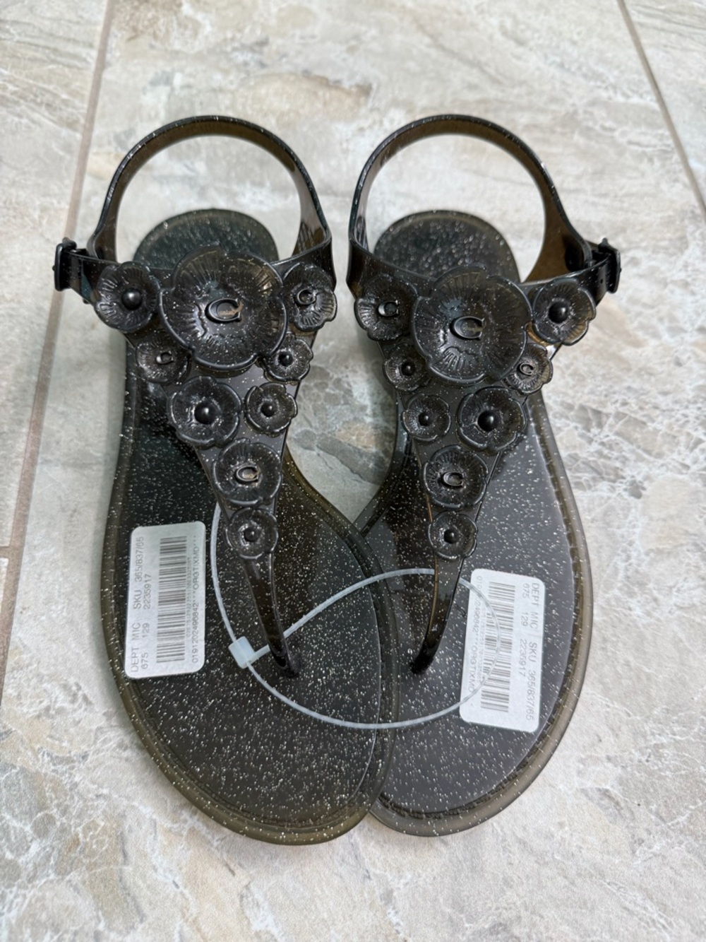 Coach Black Glitter Tea Rose Jelly Sandals